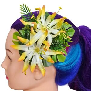 Yellow White Lily Tiki Hair Flower Tropical Pinup Rockabilly Clip Burlesque VLV